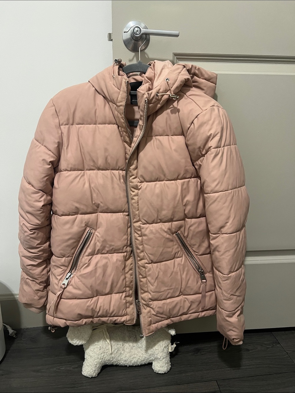 Zara Men's Blush Pink Quilted Hooded Puffer Jacket